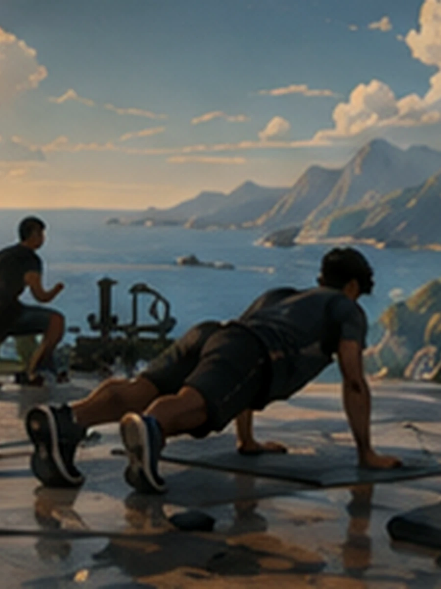 Athletes completing a Reps workout beside the coast